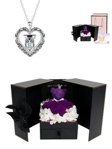 "Owl Heart Rhythm" Premium Stylish Scholar Owl Heart Gem Necklace, paired with a purple preserved rose bear jewelry gift box. A mysterious elegant gift for holidays and dates, perfect as birthday and Valentine’s Day gifts for your wife or daughter.