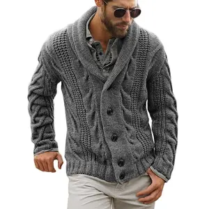 PASLTER Mens Cable Knit Cardigan Sweater Shawl Collar Loose Fit Long Sleeve Casual Cardigans Knitwear Vest Menswear