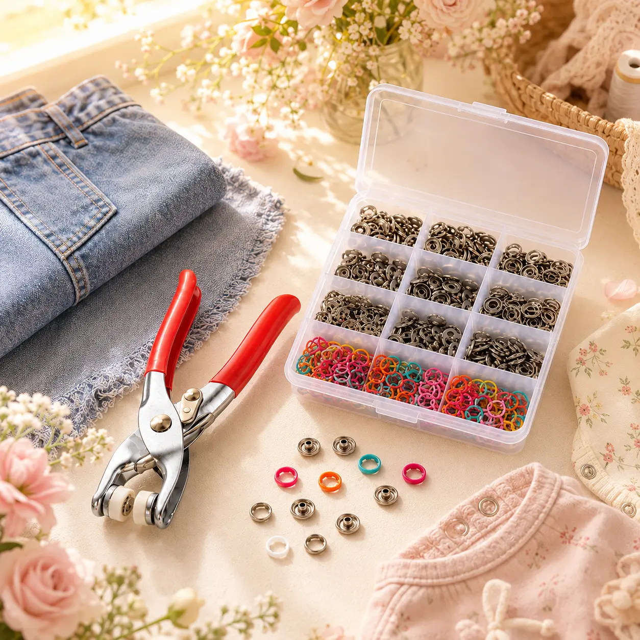 Snap Fastener Kit with Pliers, No Sew Button Repair Kit with Colorful Snaps, DIY Press Stud Tool Set for Clothing, Fabric, Sewing and Craft Projects