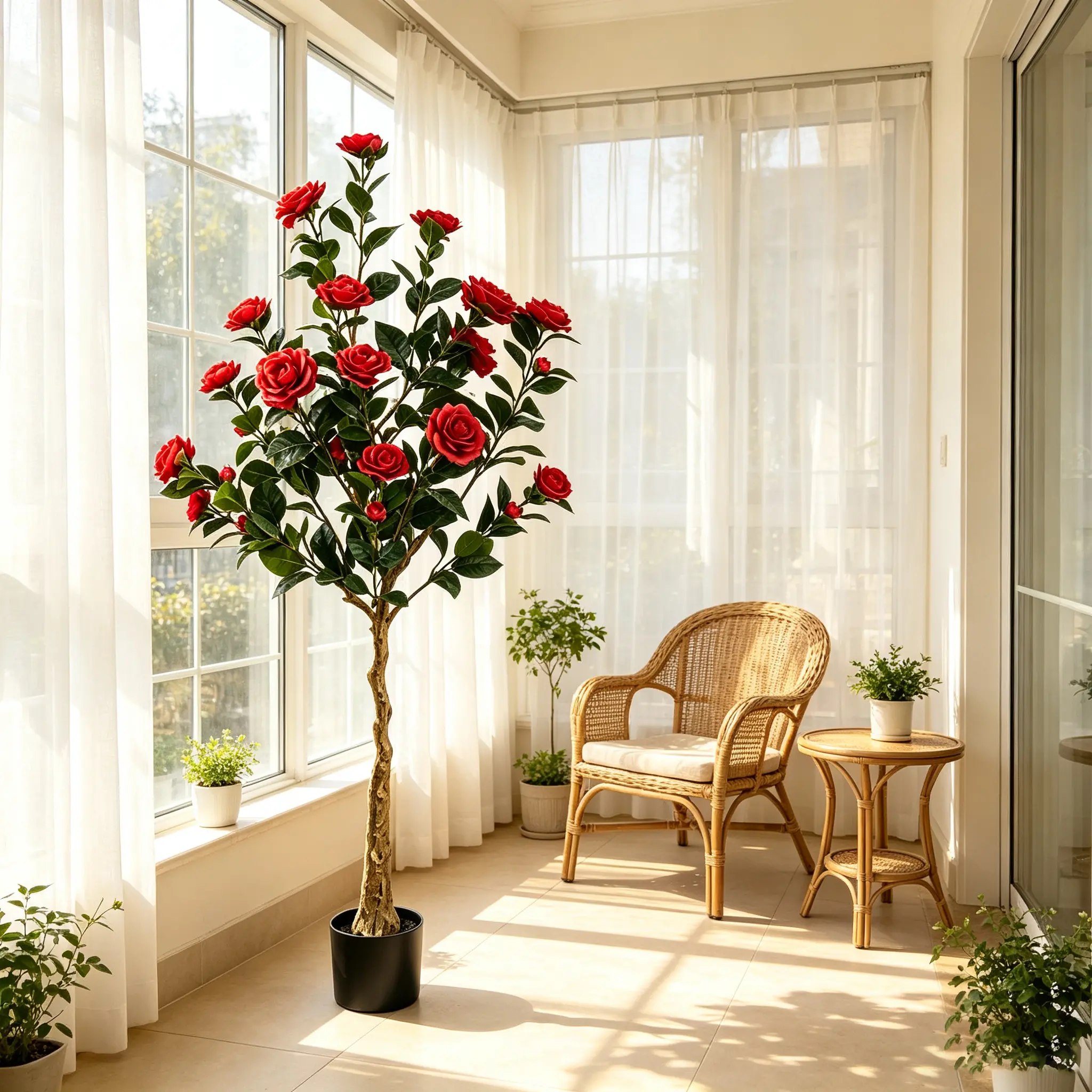 5.2FT Artificial Camellia Tree with Red Flowers, Fake Rose Tree Potted Plant, Realistic Faux Floral Tree for Indoor Home Decor, Wedding, Office, Living Room, No Maintenance.