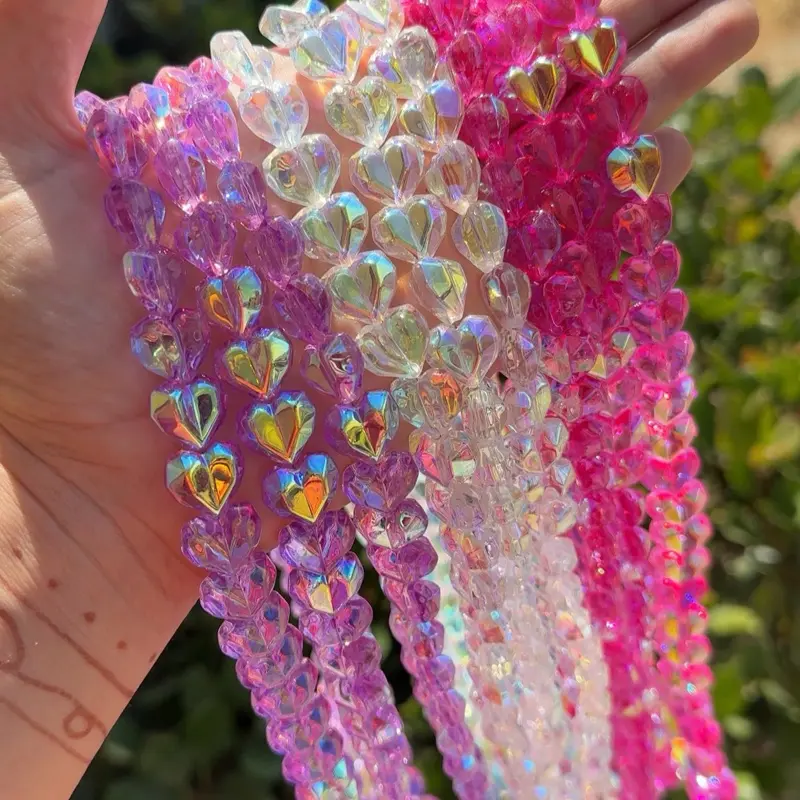 Large Electroplated Transparent Glass Heart Beads, AB-Plated Bead Strands (15x13x8.5mm, 1 Size) for Keychain Crafting, Key Charm Accessories, DIY Craft Kit Supplies