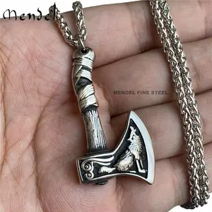 MENDEL Mens Norse Viking Wolf Raven Axe Pendant Necklace For Men Stainless Steel