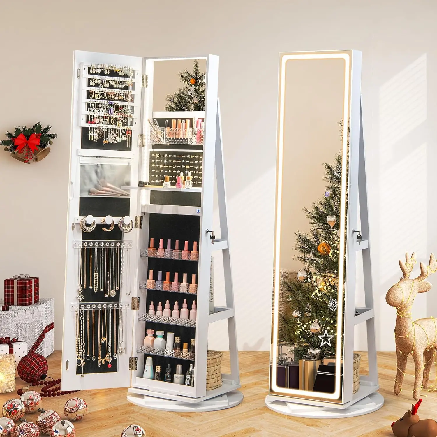 COSTWAY 360° Swivel Jewelry Cabinet with 3-color LED Lights, Lockable Jewelry Armoire Organizer with Full-Length Mirror, Makeup Mirror & Foldable Makeup Shelf, for Girl Women, Gift -costst