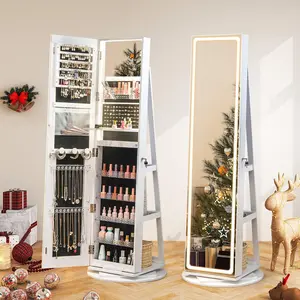 COSTWAY 360° Swivel Jewelry Cabinet with 3-color LED Lights, Lockable Jewelry Armoire Organizer with Full-Length Mirror, Makeup Mirror & Foldable Makeup Shelf, for Girl Women, Gift -costst