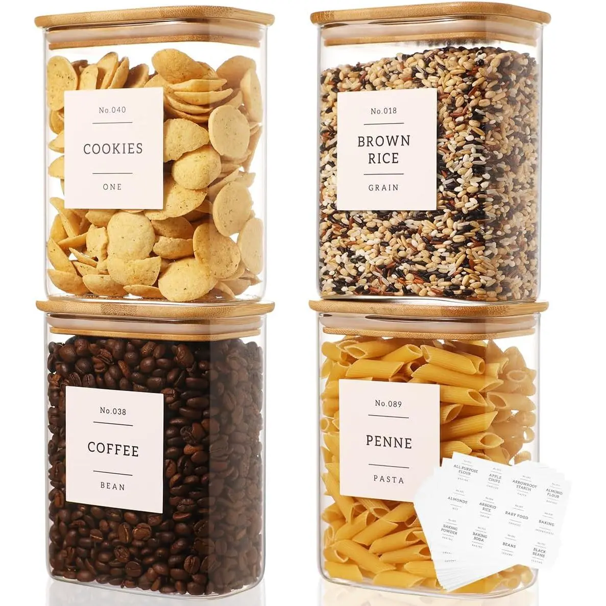 4 Pack Square Glass Pantry Storage Containers with 132 Kitchen  Pantry Labels - 34 floz Clear Glass Pantry Jars with Airtight    - Glass Canisters for , Cereal, Coffee,