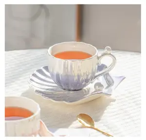 Pearl Shell Cup and Saucer - 8oz Gradient Ceramic Coffee Mug, Vintage Tea Cup, Cappuccino Cup, Latte Art Cup for for Afternoon Tea,Christmas gifts