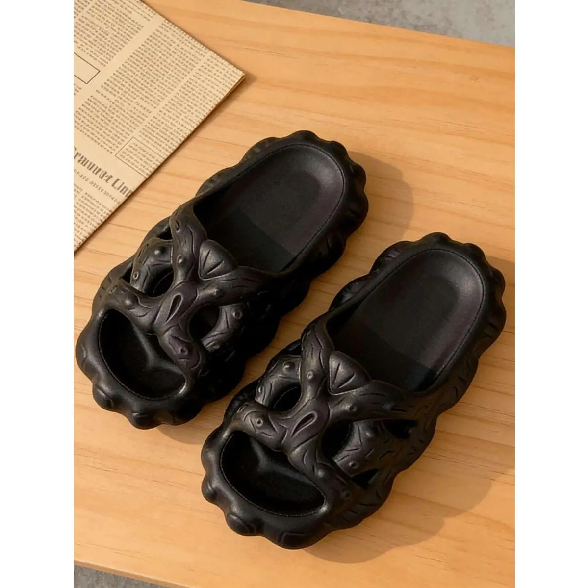 Women's Black Hollow Out Platform Slide Sandals, Chunky Sole Skull Embossed Slippers, Gothic Y2K Beach Casual Shoes Black