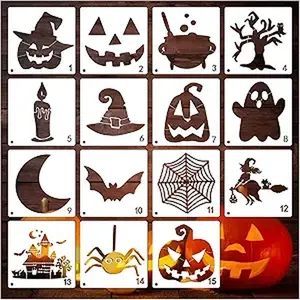 Halloween Stencils for Painting on Wood Shirts Holiday Cookie, Large Halloween Pumpkin Carving Paint Stencil Reusable for Craft Wall Decorating (15pcs 8in Halloween)