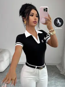 Summer Colorblock V Neck Polo Women's Slim Fit Casual Top, Office Commute, Home, Campus, Travel Wear