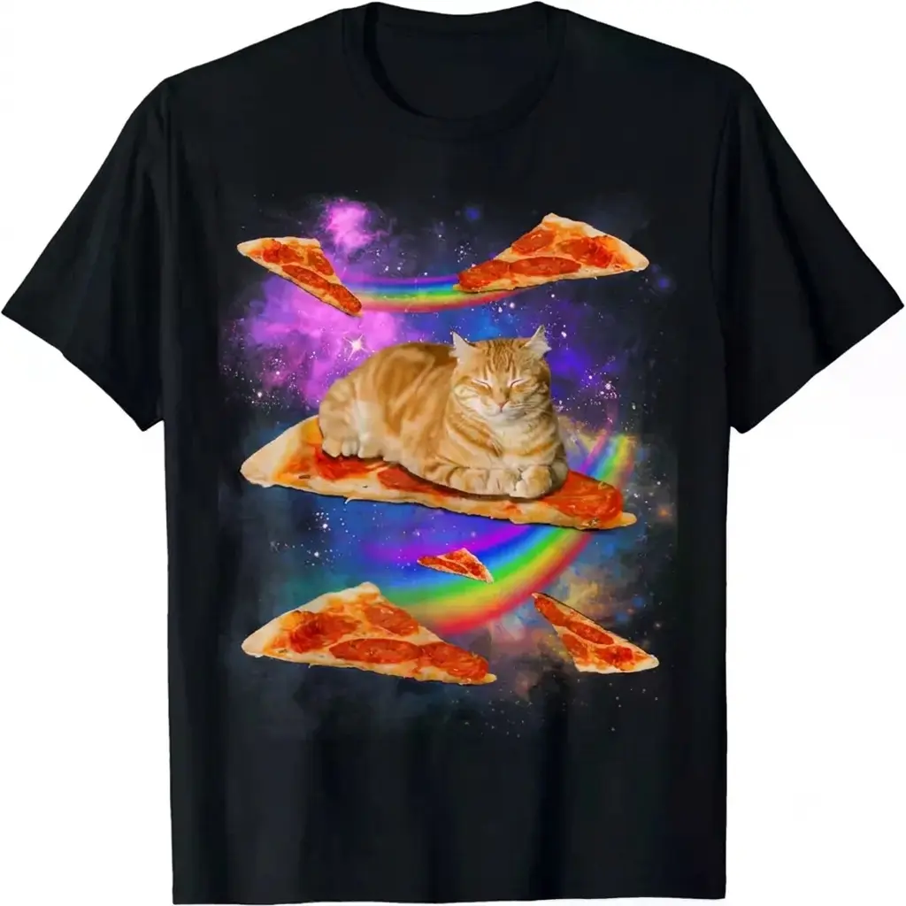Men's Graphic T-Shirt with Humorous Cosmic Cat Print, Casual 100% Cotton Breathable Round Neck Novelty Top for Summer, Shortsleeve, Fabric
