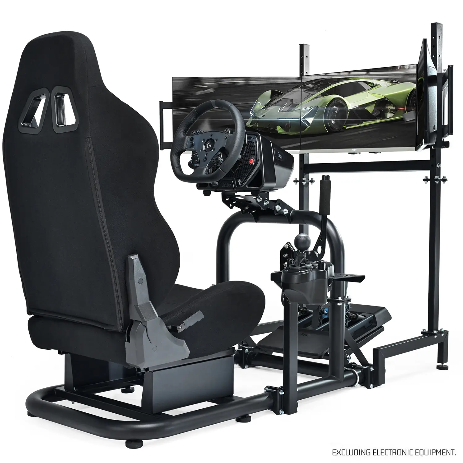 Supllueer Racing Simulator Cockpit Vertical Stand with Triple Monitor Stand and Black Seat Compatible with G29 G920 G923 T300RS CSL-DD, No Steering Wheel, Pedal or Shifter