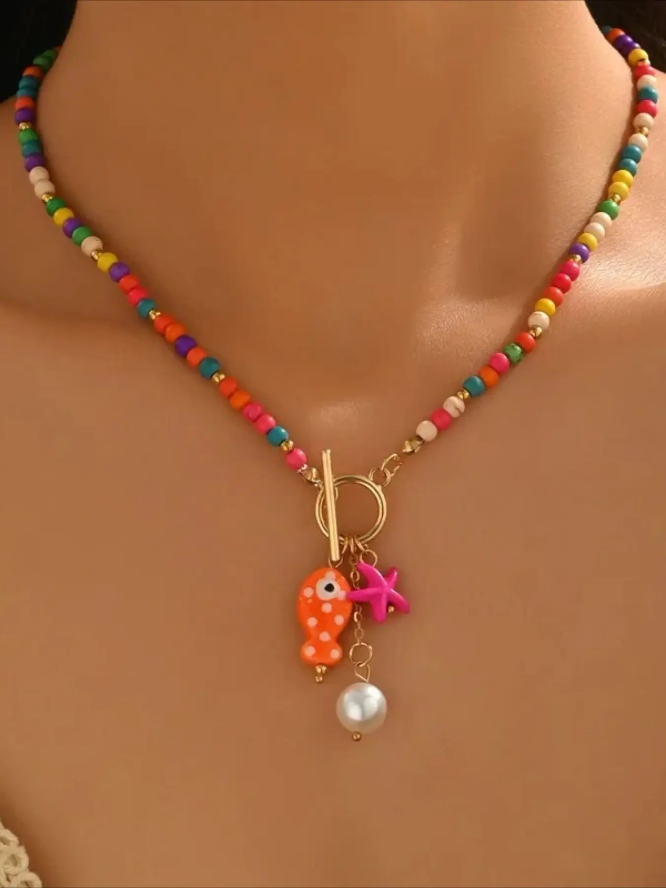 Bohemian Ceramic Fish Beaded Ot Clasp Dainty Boho Necklace, Faux Pearl Starfish Pendant, Women's Party Vacation Unique Design Jewelry, Boho Style Necklace, Dainty Necklaces