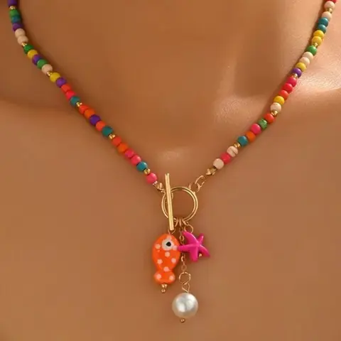 Bohemian Ceramic Fish Beaded Ot Clasp Dainty Boho Necklace, Faux Pearl Starfish Pendant, Women's Party Vacation Unique Design Jewelry, Boho Style Necklace, Dainty Necklaces