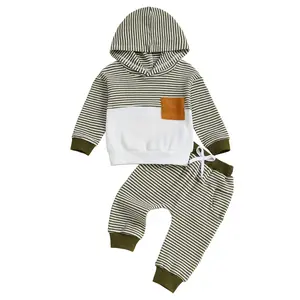 Infant Toddler Baby Boy Striped Outfit Waffle Long Sleeve Color Block Hoodie Sweatshirt Pullover Tops Jogger Pants Set 2 Piece Fall Winter Clothes