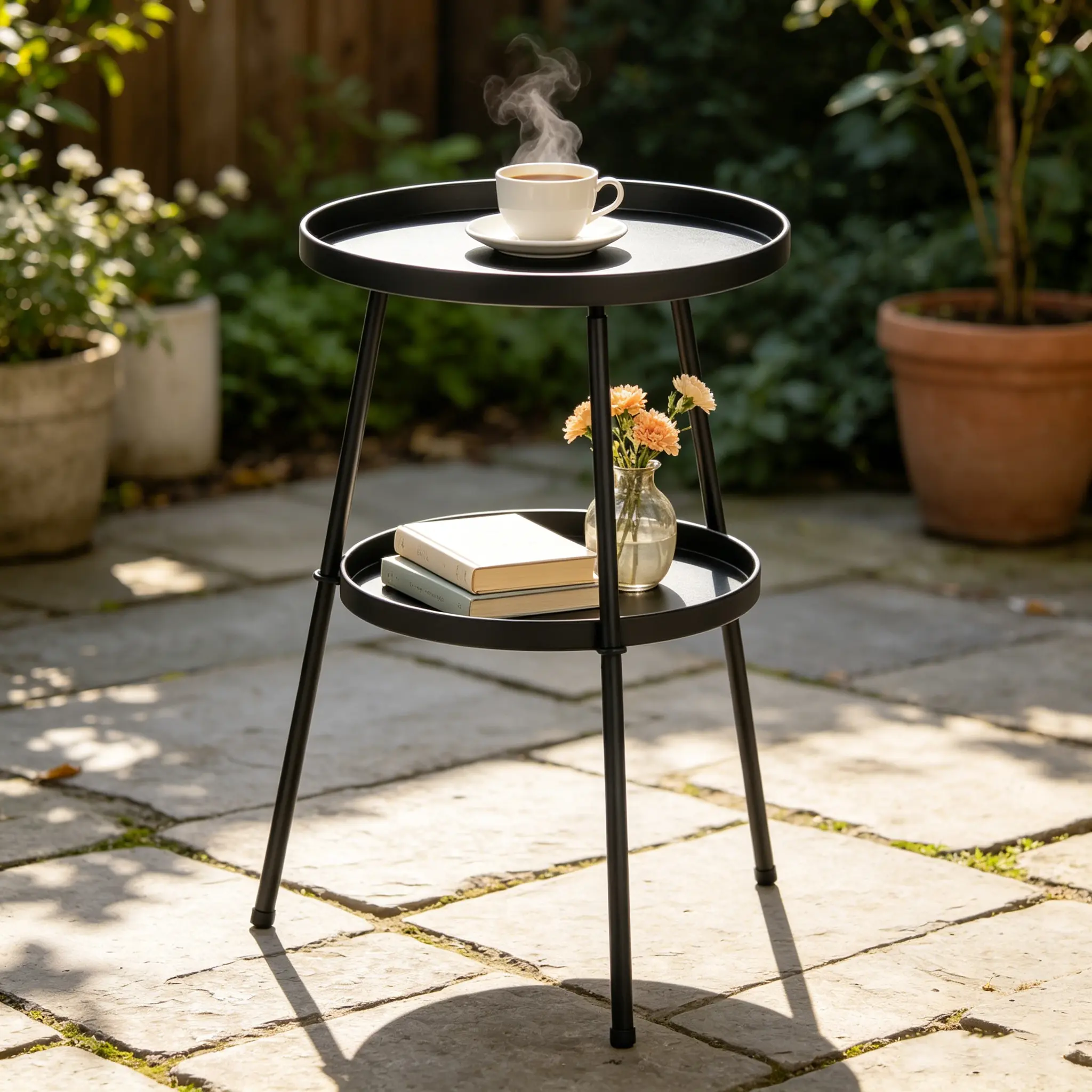 Black 2 Tier Round Side End Table, Compact Metal Accent Table, Multipurpose Furniture for Patio, Balcony, Living Room and Indoor Outdoor Spaces