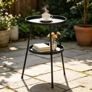 Black 2 Tier Round Side End Table, Compact Metal Accent Table, Multipurpose Furniture for Patio, Balcony, Living Room and Indoor Outdoor Spaces