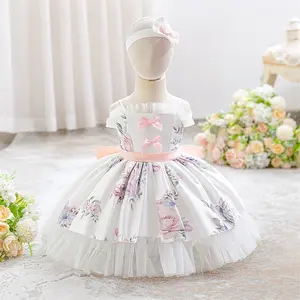 6M-3Y White 3107 Anniversary Headband Big Bow Floral Baby Girls Clothes Infant Birthday Cocktail Dress Toddler Pageant Newborn Ball Gown Princess Baptism Frock