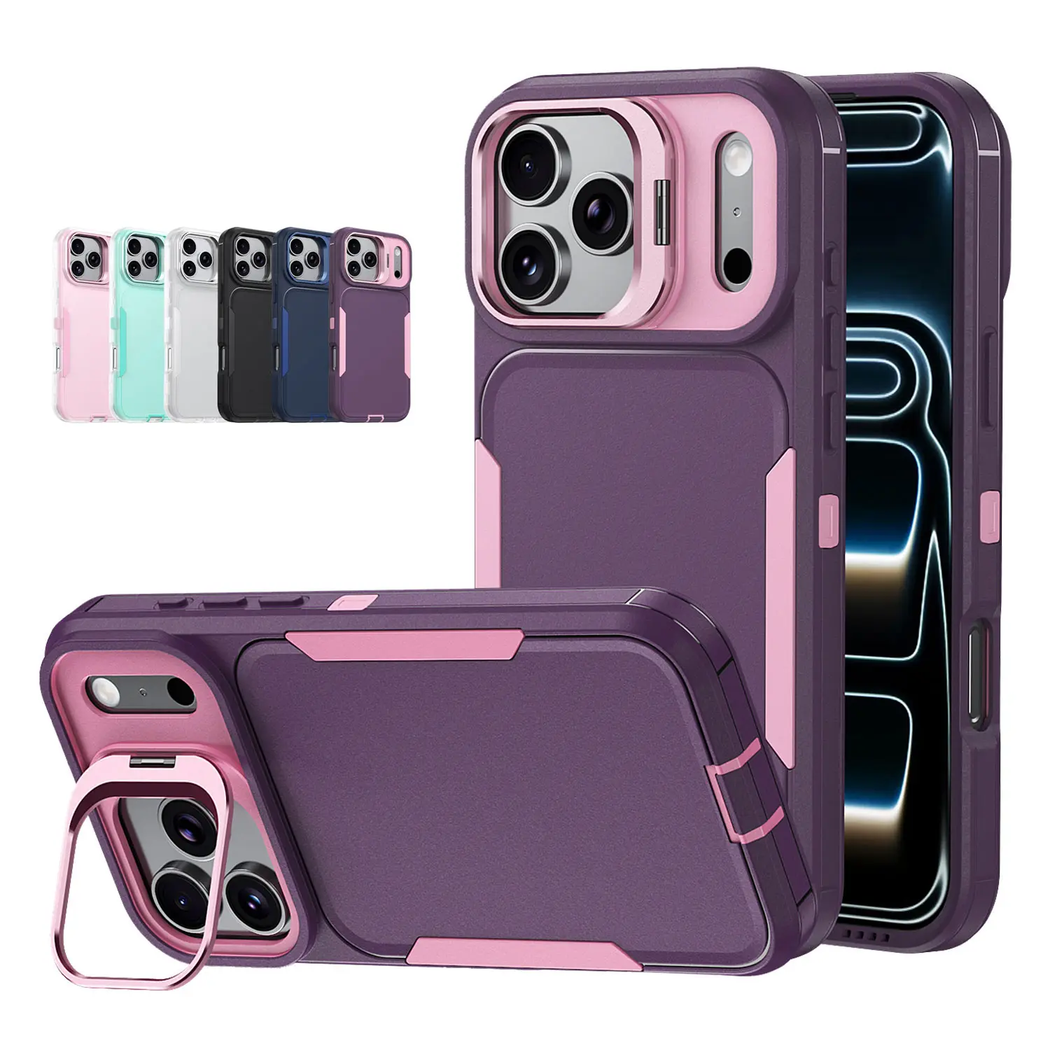 3-Layers Heavy Duty Defender Case for iPhone 18 Pro Max 17 16 15 14 13 Pro Max, Built-in Camera Lens Kickstand, Shockproof Dropproof Bumper Case, Full Body Rubber Protective Phone Cover