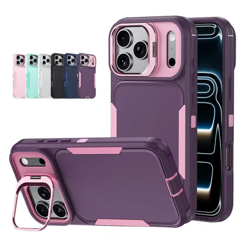 Shockproof Case for iPhone 18 Pro Max 17 16 15 14 13 Pro Max, Built-in Camera Lens Kickstand, Dropproof Heavy Duty Rubber Bumper Case Cover