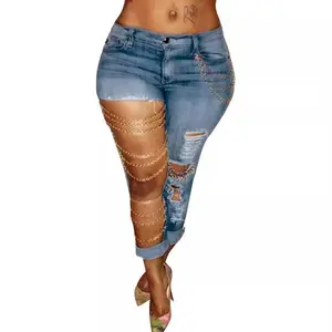 Women's Winter Jeans 2025 Large Ripped Slim Fit Denim Pants with Chain Accessories Vintage Blue Bottoms for Women Streetwear Basic Minimalist Skinny Fit