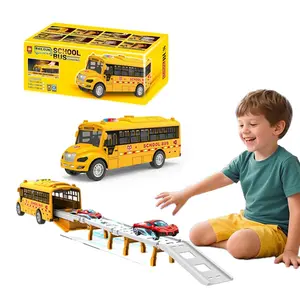 School Bus Track Toy Car, Inertia Push Car for Kids, Includes Three Small Cars, Friction Powered, Flashing Lights & Sounds, Perfect Gift