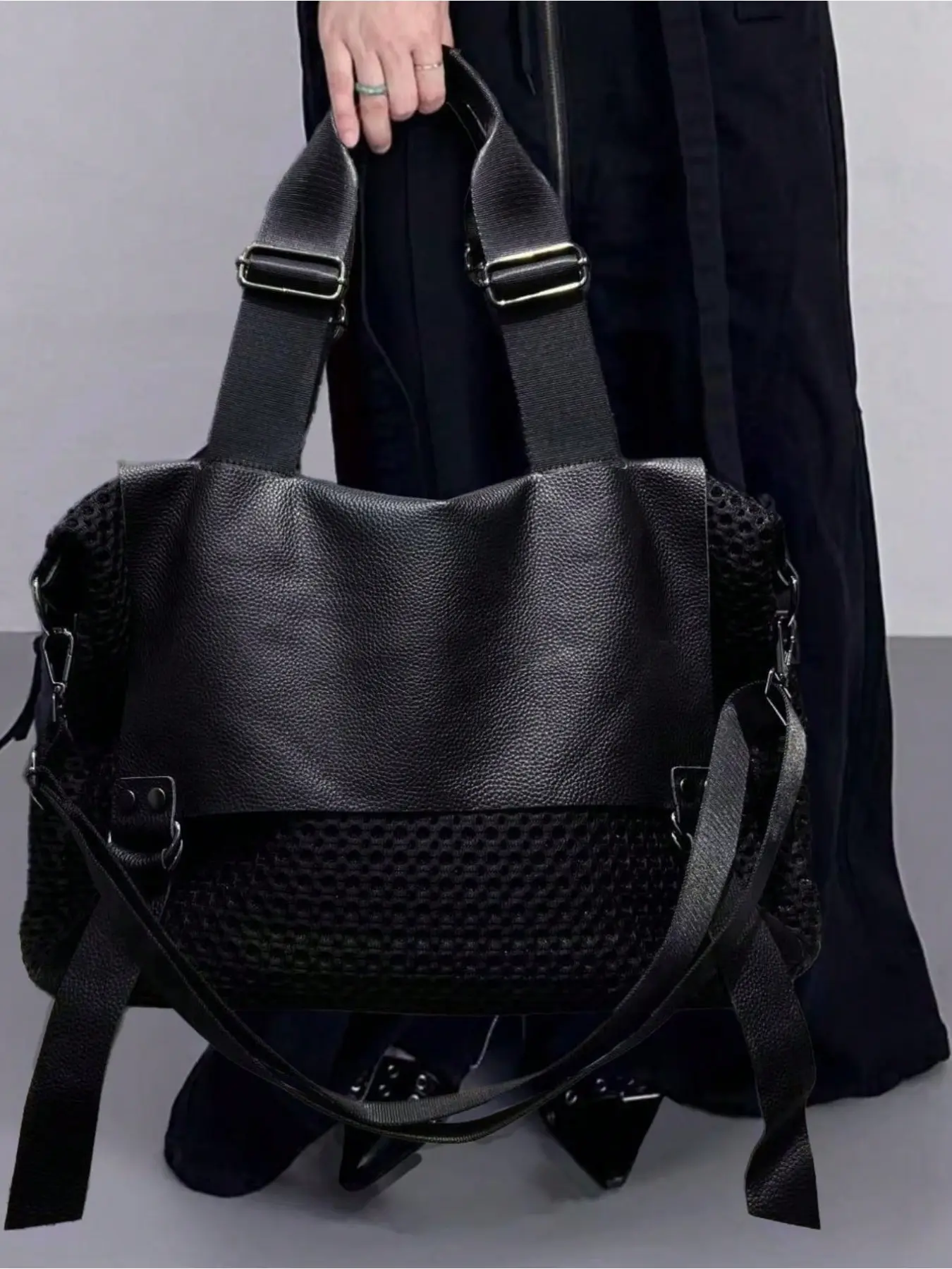 Ladies' fashionable large capacity mesh spliced shoulder bag, Fashionable Bags, front pocket large retro street style city bag, Y2K multi pocket crossbody bag, suitable for daily use and commuting