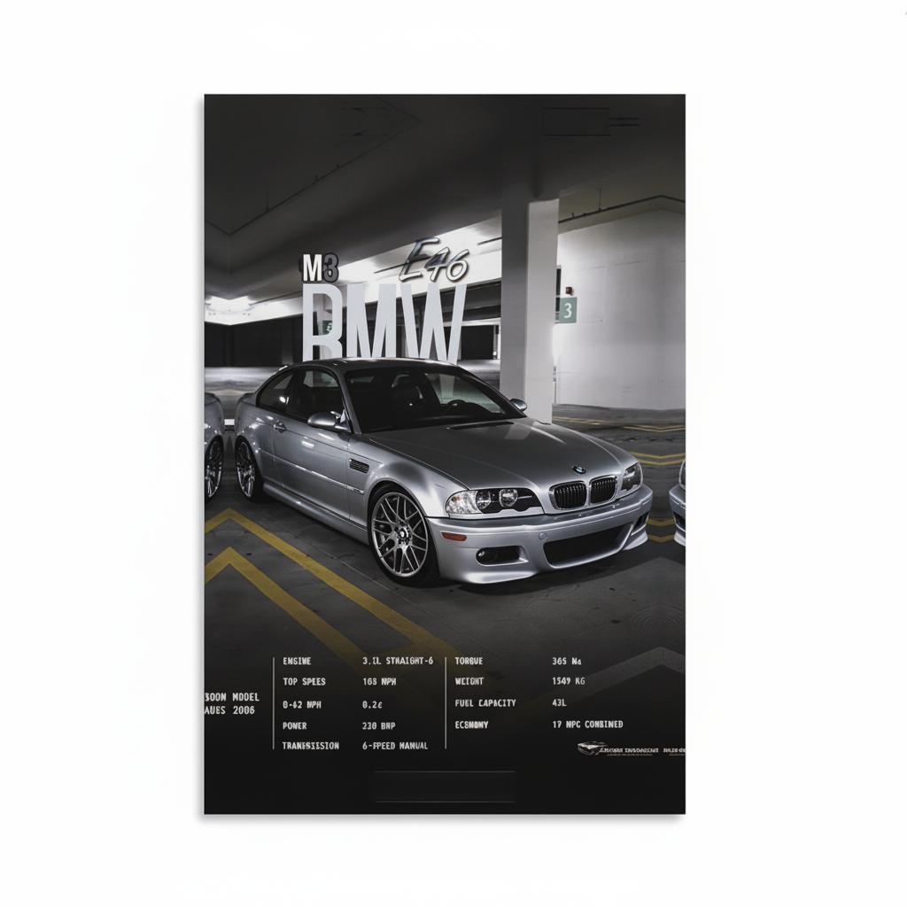 BMW E46 M3 High Performance Car Poster, Modern Canvas Wall Art Decor, Ideal Gift for Car Enthusiasts, Suitable for Living Room, Bedroom, Study, Gaming Room