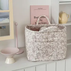 Soft Floral Patchwork Storage Basket, Large Capacity Handheld Laundry Hamper, Korean Style Fabric Organizer for Toys & Clothes, Floral Pattern