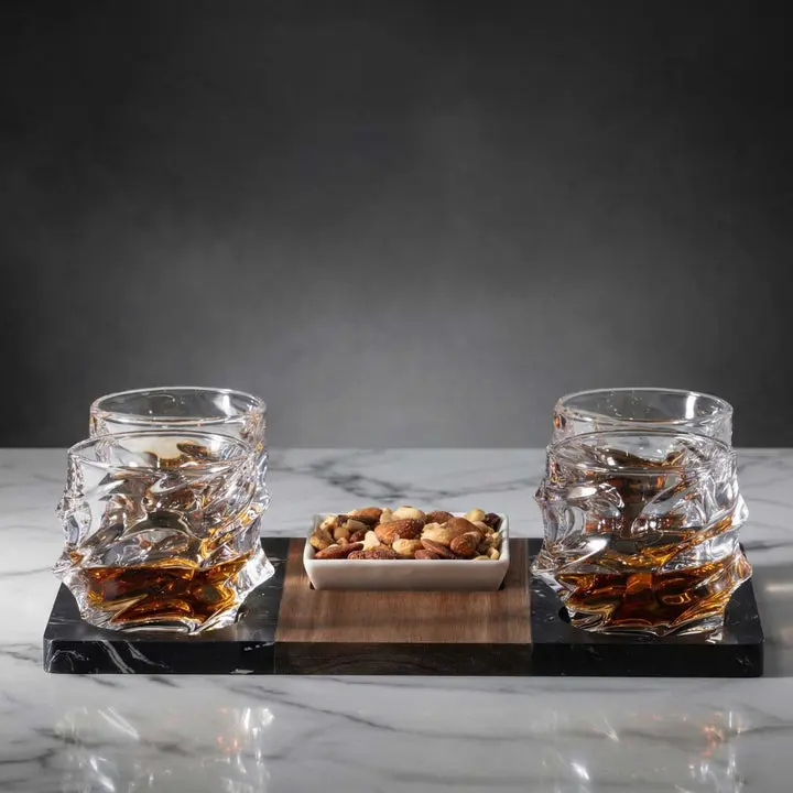 Winslow Cocktail Serving Tray Set w/ 4 pc Sculpted Whiskey Glasses
