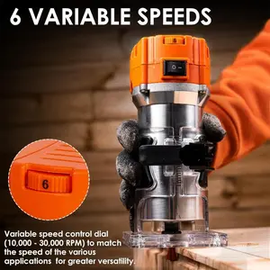 Router, 6.5-Amp 1.25 Compact Wood Palm Router Tool, 6 Variable Speeds Wood Trimmer with 15 Pieces 1/4" Router Bits Set edge guide router bit wood routerXXGlobalBasket8
