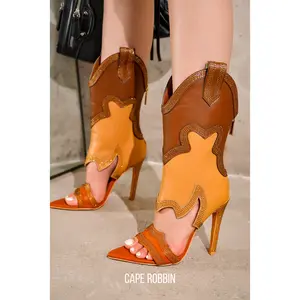 Nayaye Rhinestone Western Cutout Cowboy Stiletto Heels - Tan