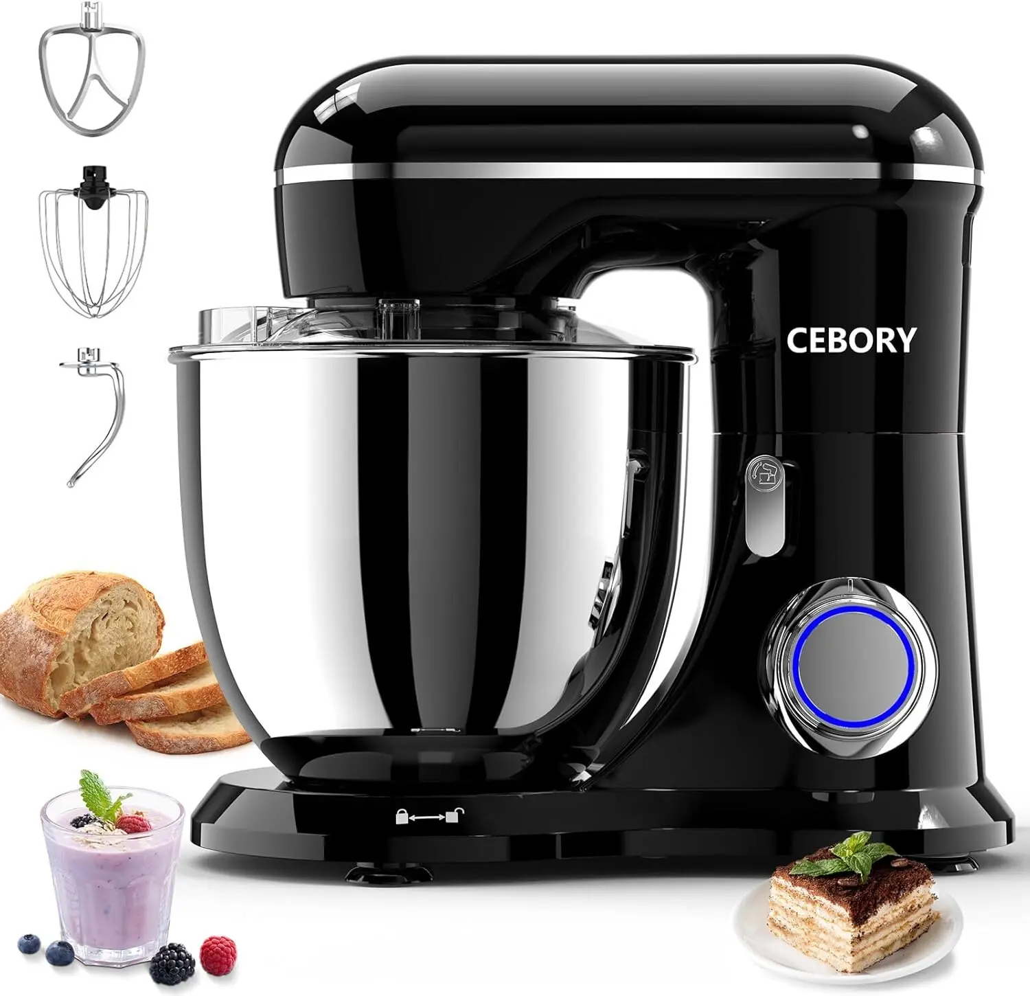 Professional Electric Stand Mixer with Large Stainless Steel Bowl, Powerful Kitchen Mixer includes Dough Hook, Beater and Whisk, Perfect Bread Cake Mixer for Baking and Home Cooking, Black