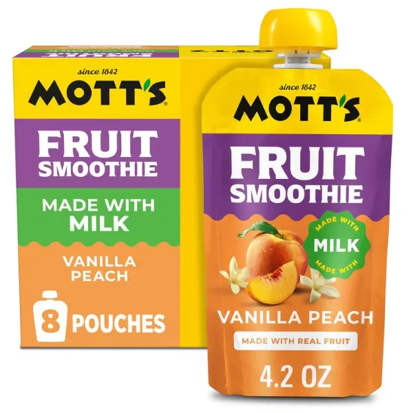Fruit Smoothies Vanilla Peach, 4.2 oz clear pouches, 8 Pack, Made With Milk, Made With Real Fruit, Good Source of Calcium, On-the-Go