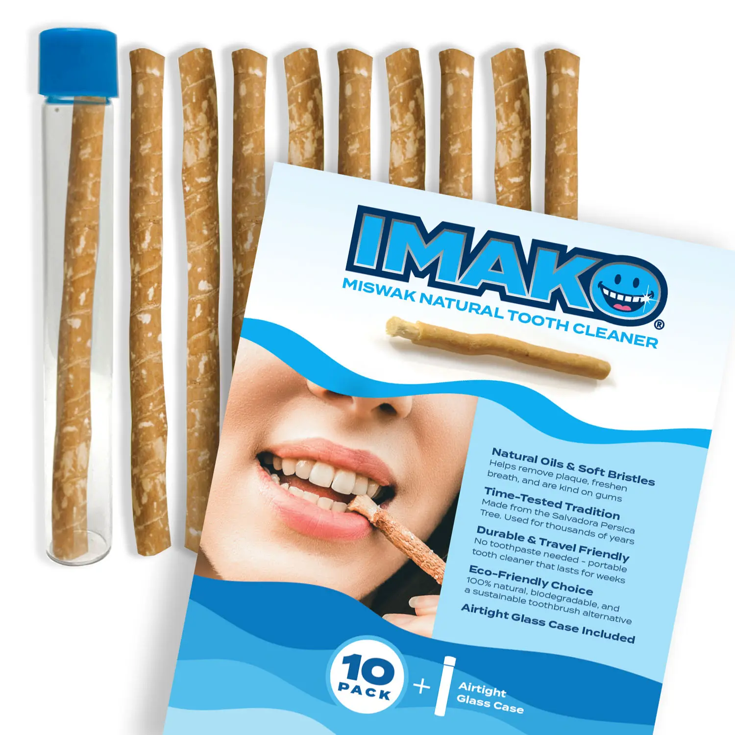 Imako Eco-Friendly Miswak Tooth Cleaner - Vacuum Sealed with Travel Glass  Case (10 Pack)