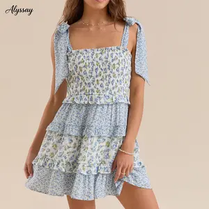 Women’s Tie Shoulder Dress Summer Sleeveless Floral Print Smocked Bust Dress Short Flowy Dress