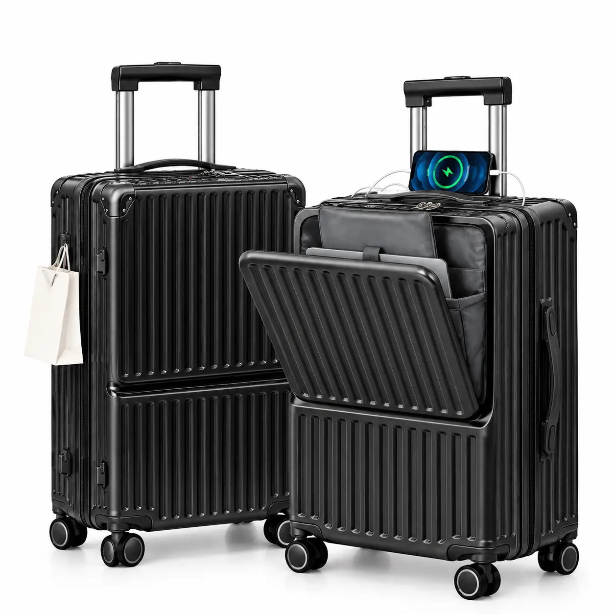 20" / 26" / 30" Front-Opening Hardshell  Checked Luggage with USB Port, Cup Holder & Laptop Compartment – TSA Lock, Water/Impact-Resistant, Travel Suitcase spinner wheel
