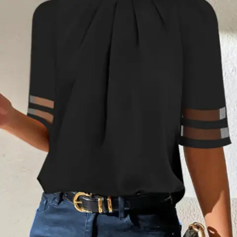 Women's Contrast Mesh Mock Neck Blouse Shirts, Womenswear Casual Basic Half Sleeve Top for Summer, Ladies Clothes for Daily Wear, Casual Everyday Top