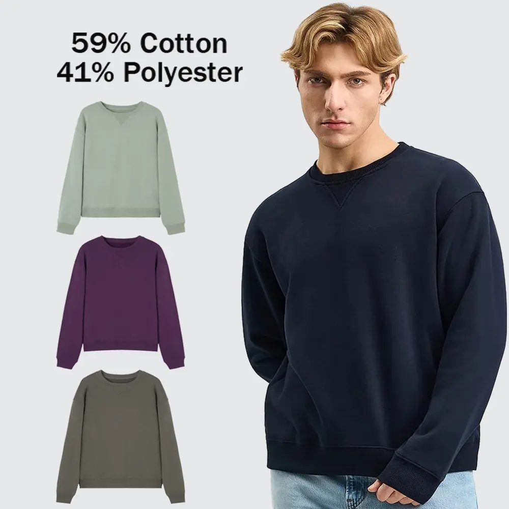 MegaT Men’s Midweight French Terry Crewneck Sweatshirt - Soft Cotton Blend Plush Yarn Jersey, Long Sleeve Round Neck Pullover, Minimalist Plain Tops with V-Stitch, Ribbed Hem, Wrinkle-Free, Extended Sizing Casual Activewear
