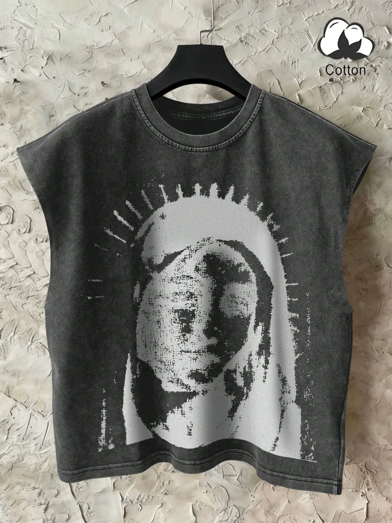 Vintage Washed Deep Sleeveless Round Neck Graphic Tee, Gothic Punk Rock Y2K Retro Vest, Casual Streetwear for Daily Wear, Casual Stylish Tee