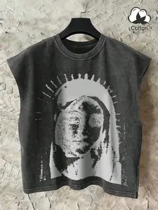 Vintage Washed Deep Sleeveless Graphic Tee, Gothic Punk Rock Y2K Retro Vest, Casual Streetwear for Daily Wear