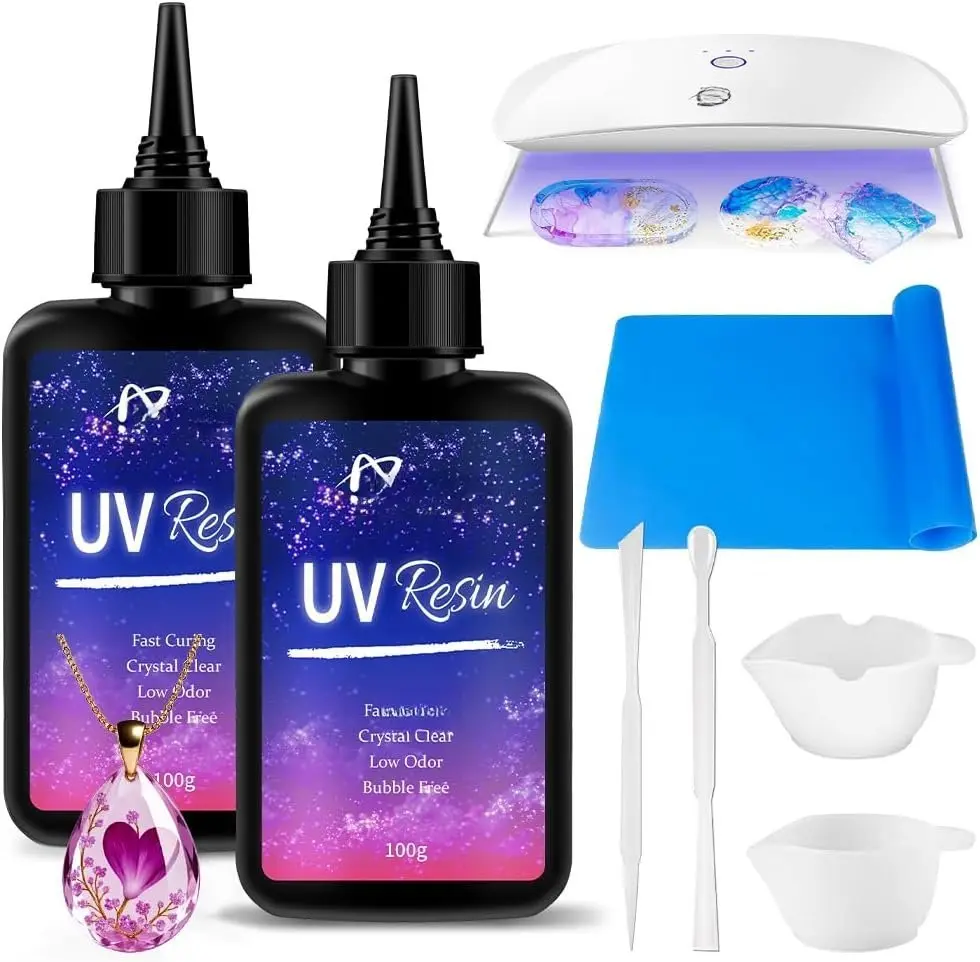 UV  Kit 200g with UV Light, Hard Type UV  Kit, Upgraded Formula &  Clear UV  for Jewlery Making, 100g*2  UV Kit with Light for Earring, Pendant, DIY