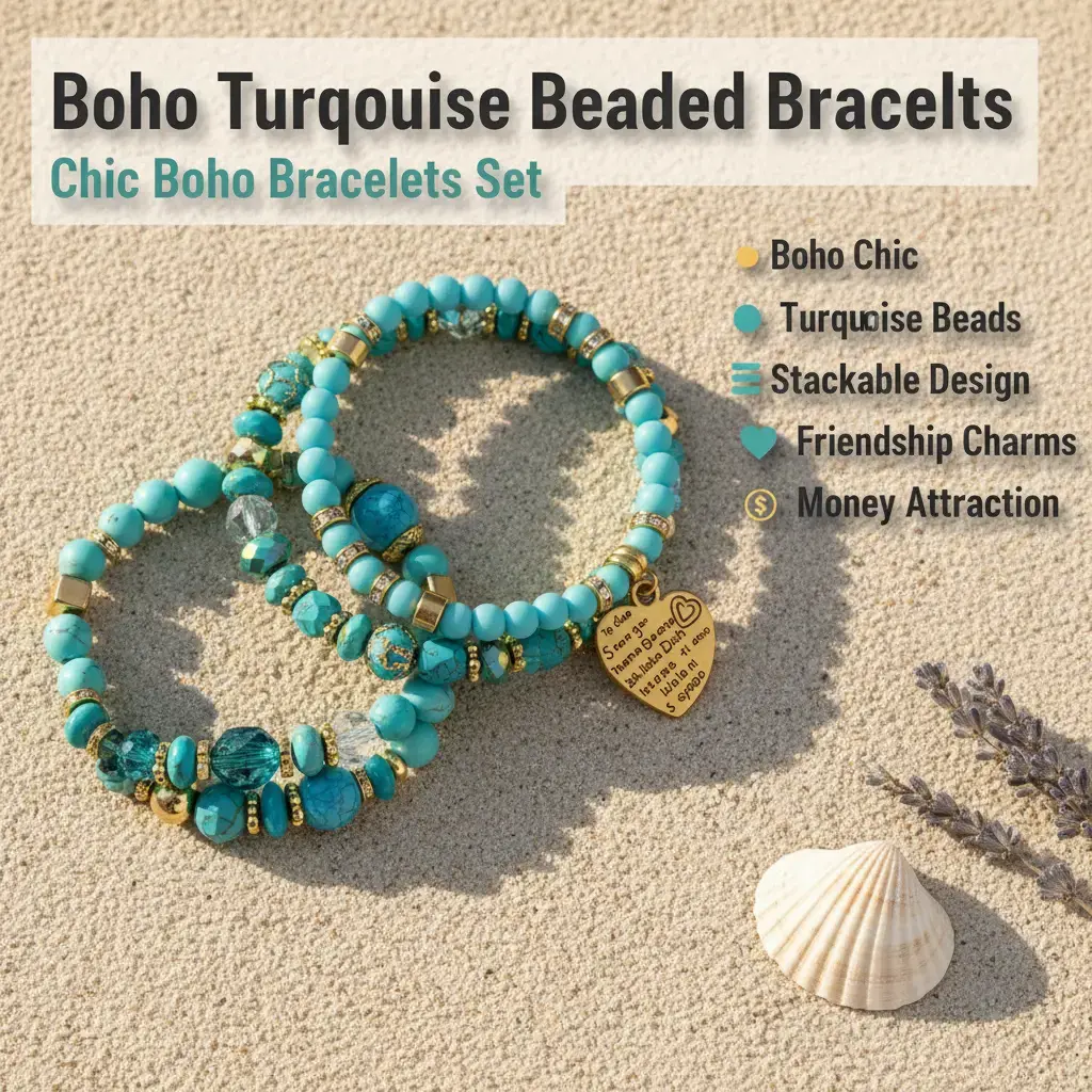 Boho Turquoise Beaded Bracelet Set, 4 Pcs Stackable Layered Design, Summer Beach Festival Jewelry friendship Matching Heart Charm Eternal Couples money attraction bracelet gift