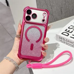 New Luxury Wrist Strap Glitter Lanyard Phone Case For iPhone 17/16/15/14/13/ProMax/Pro/Plus For Magsafe Wireless Charging Armor Cover