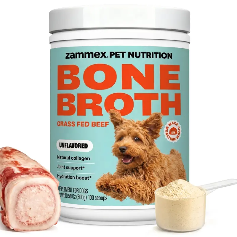 Zammex Bone Broth Powder for Pets, 10.6oz, Grass-Fed Bovine Collagen Peptides & Hydrolyzed Protein with 19 Amino Acids, Supports Joint, Gut, Coat & Immune Health