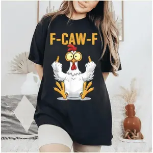 F-Caw-F Chicken Humor Quote Rooster Meme Women's Shirt, Black Bird Shirt,  Soft Cotton F-CAW-F  Graphic, Cute Preppy Dark Bird Sublimation Design, Gothic Floral Checkered, Cute Costume Graphic Apparel Made In The USA Top Womenswear