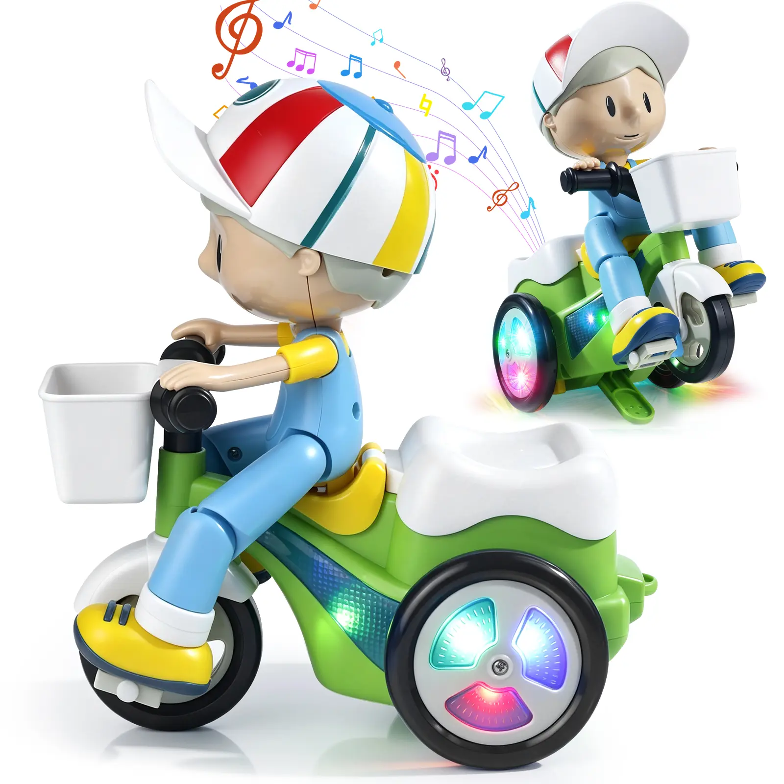 Musical Tricycle Toy for Toddlers with Colorful LED Lights, Electric Bump & Go Bike Toy with Music, Automatic Walking Rotating Action Toy for Baby Boys Girls