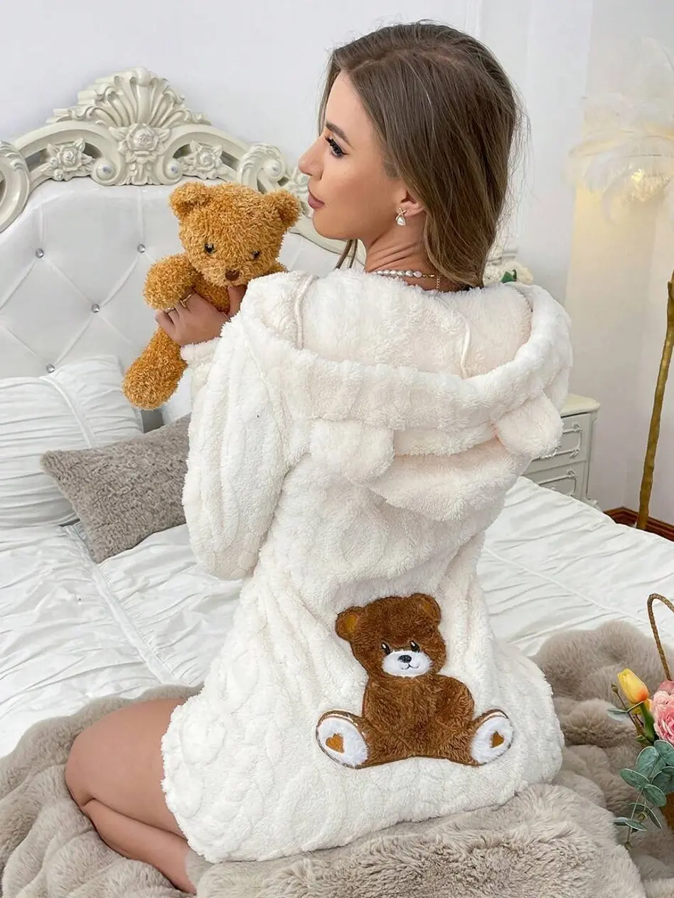 Apricot Animal Hooded Bear Embroidered Plush Fluffy Long Sleeve Romper