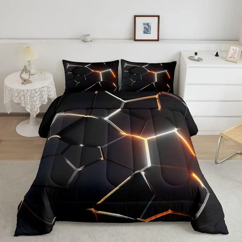 Feelyou Microfiber Bedding Set - Breathable Ultra-Soft Black-Orange Digital Print Honeycomb Geometric Comforter, Machine Washable Modern Shapes Duvet for Simplistic Home Bedroom Decor