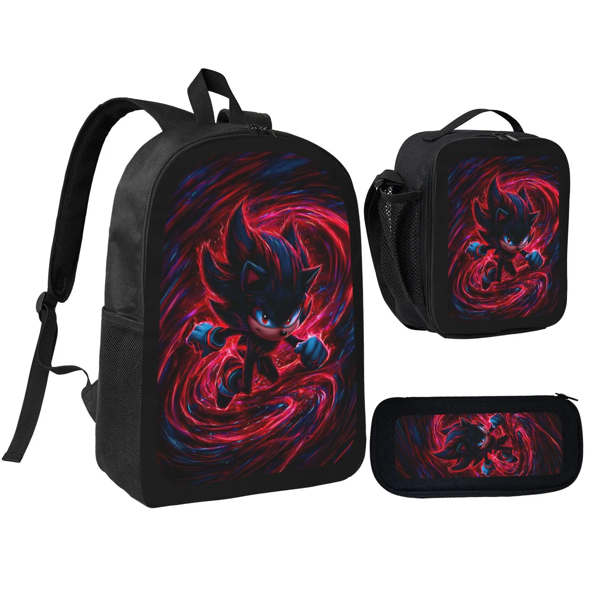 [3Pcs Backpack Set] Shadow The Hedgehog Red Blue Swirl Anime Art with Lunch Bag Pencil Pouch School Bag For Boys Kids Students