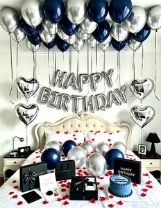 603pcs Navy Blue & Silver Birthday Balloon Set  +simulated red petals- Happy Birthday Banner + Foil Heart Balloons + Thick Latex Balloons, Perfect For Men's Birthday Decor, Couple's Bedroom, Hotel Midnight Birthday Party Decoration
